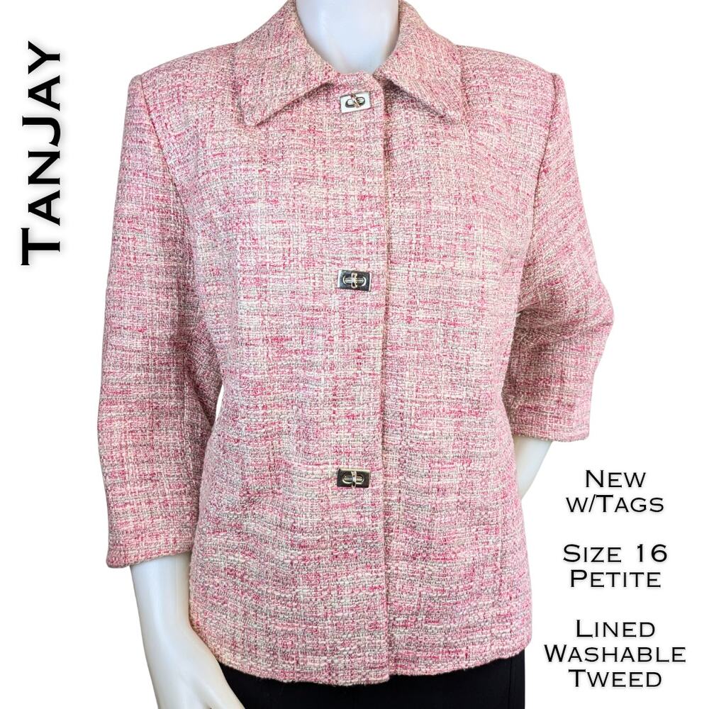 TanJay Blazer Jacket 16P Pink White Tweed Y2K Legally Blonde Coquette Preppy NEW